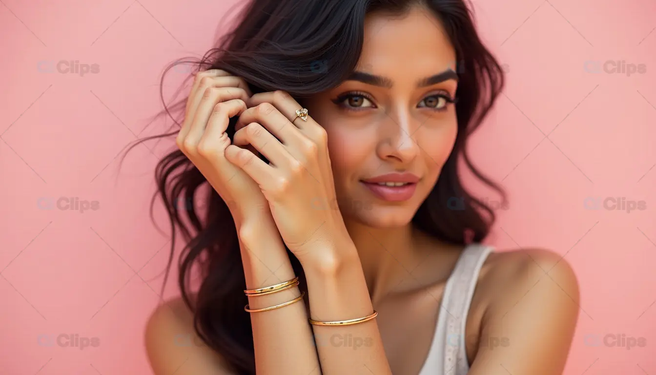 Portrait of a Graceful Woman Wearing Gold Jewelry on a Pink Background
