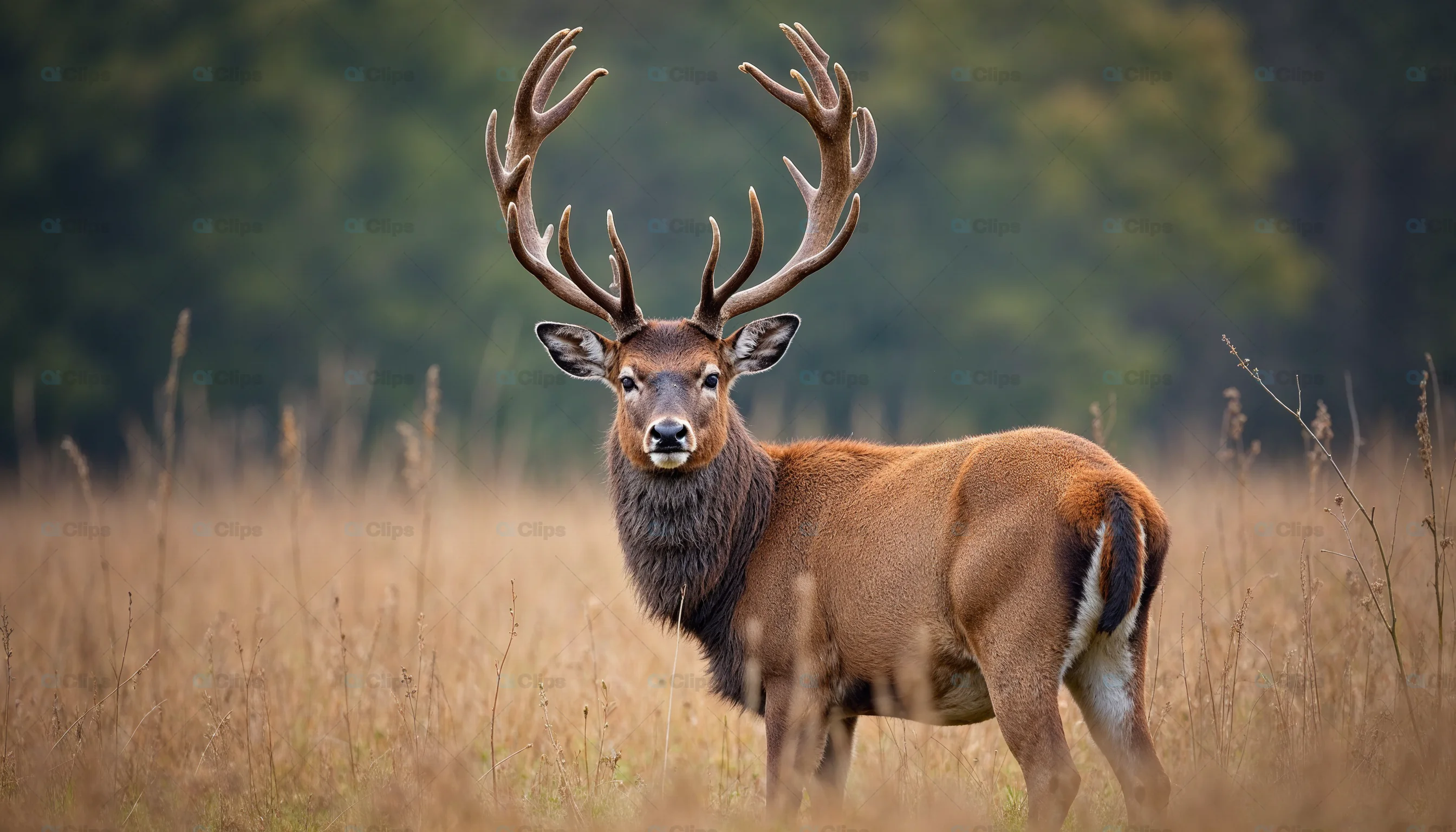 Red Deer Stag with Majestic Antlers in Meadow
