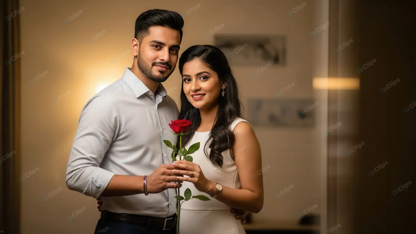 Elegant Indian Couple Celebrating with a Red Rose