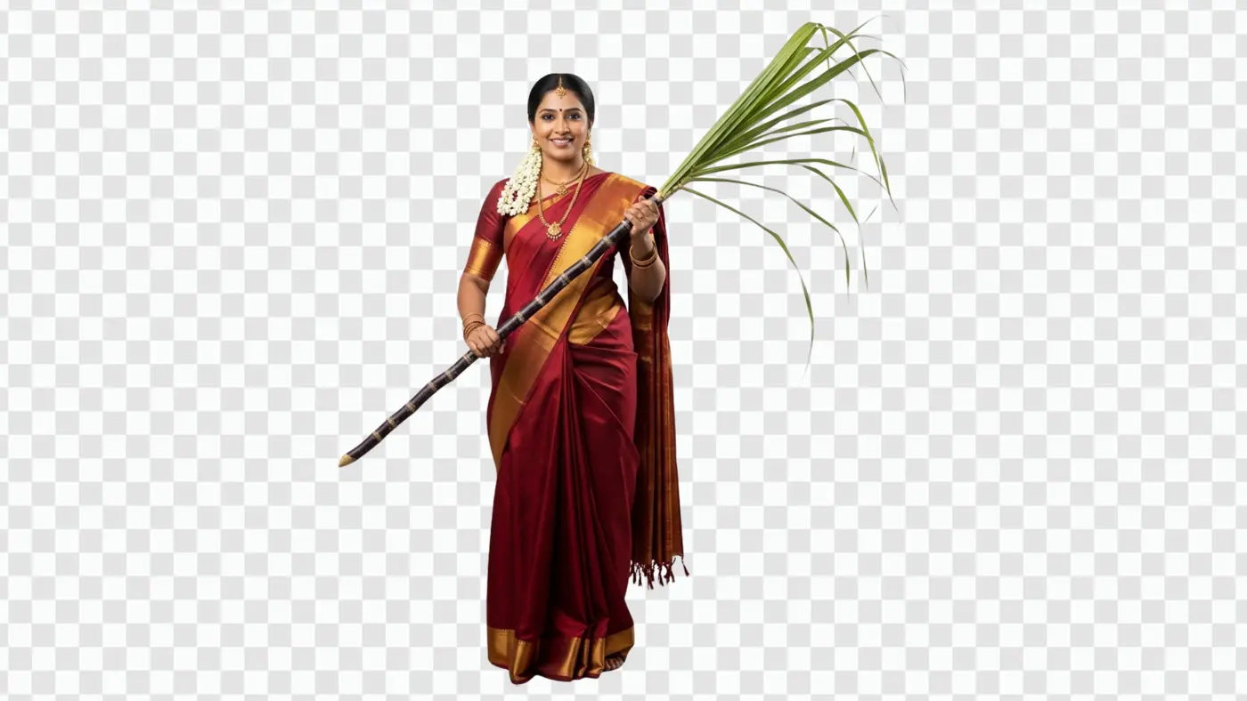 South Indian Woman Celebrating Pongal with Sugarcane PNG