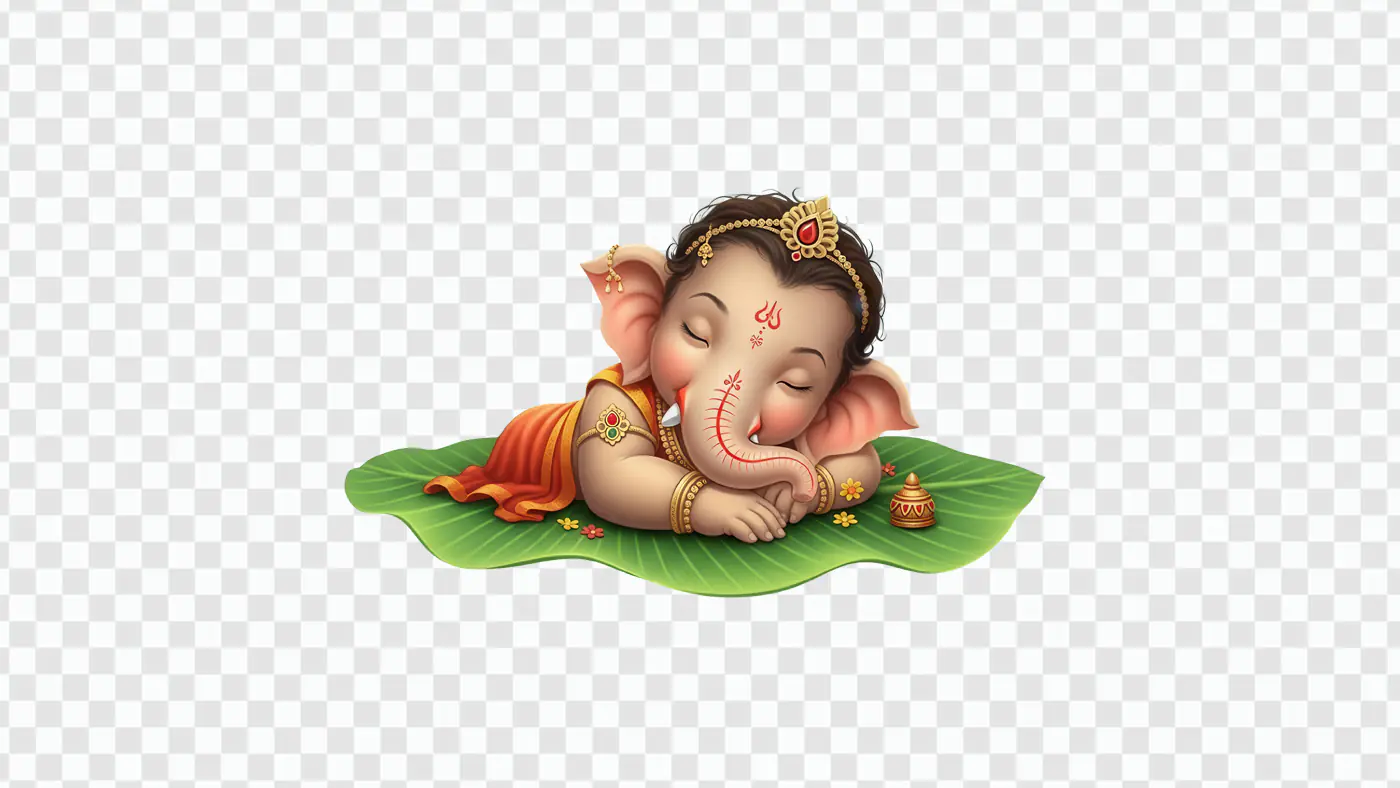 Sleeping Baby Ganesha on Banana Leaf PNG