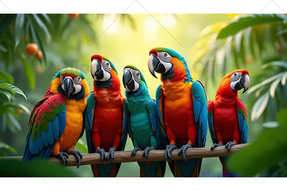 Group of Colorful Macaws Perched in a Tropical Setting