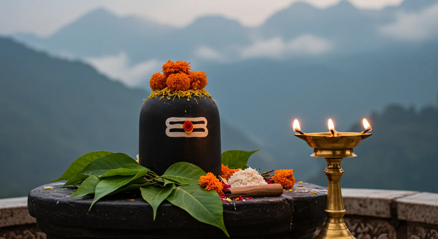 Shiva Lingam Worship with Brass Diya and Misty Mountain View | AIClips Devotional Stock