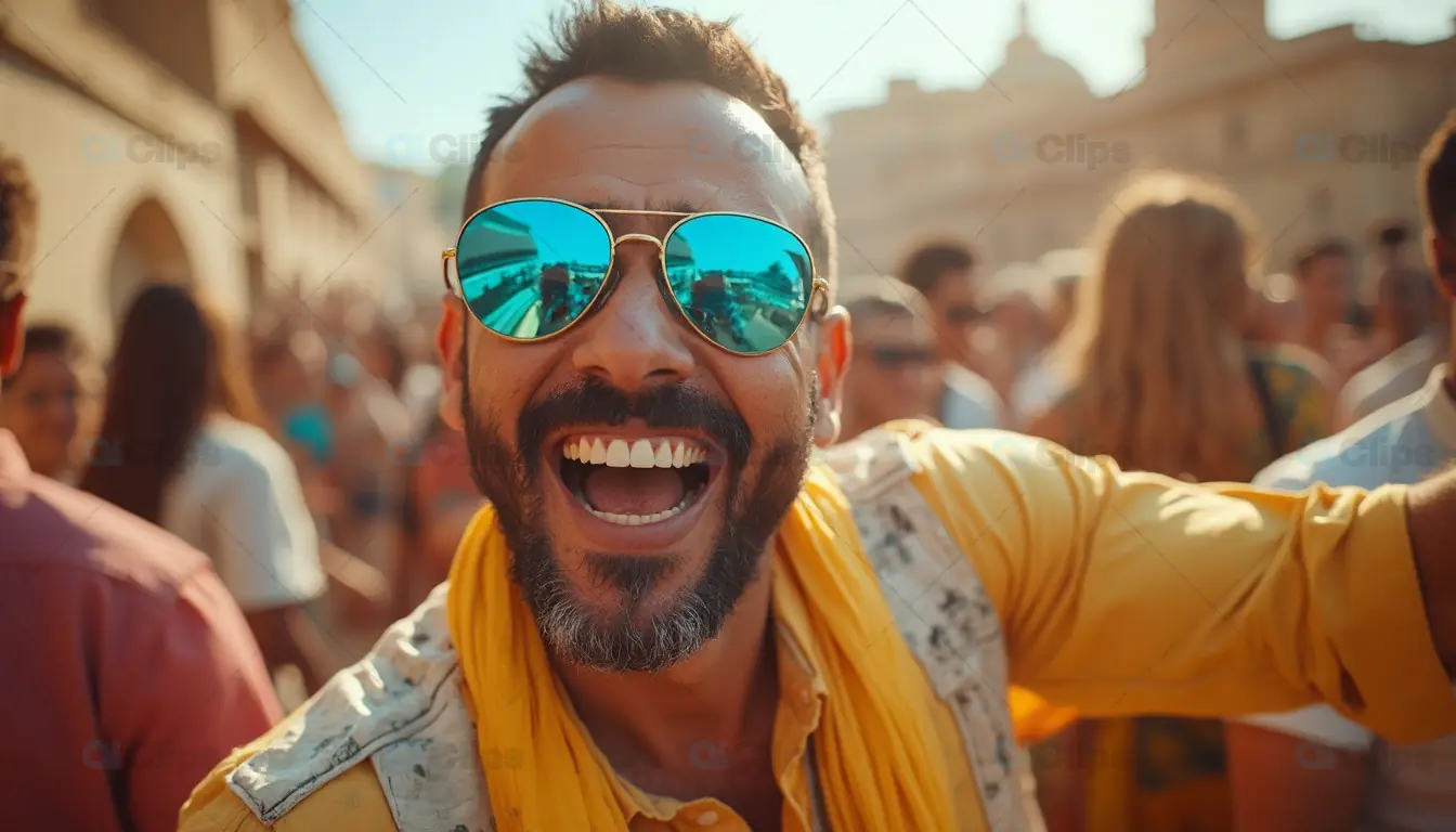 Smiling Man in Reflective Sunglasses at Festival