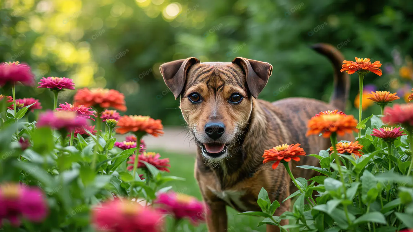 Playful Pup in Vibrant Flower Garden