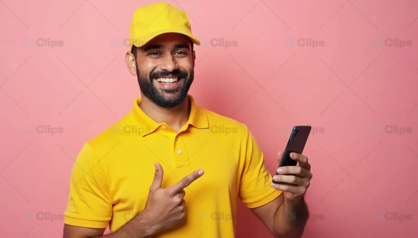 Happy Delivery Man Pointing at Smartphone