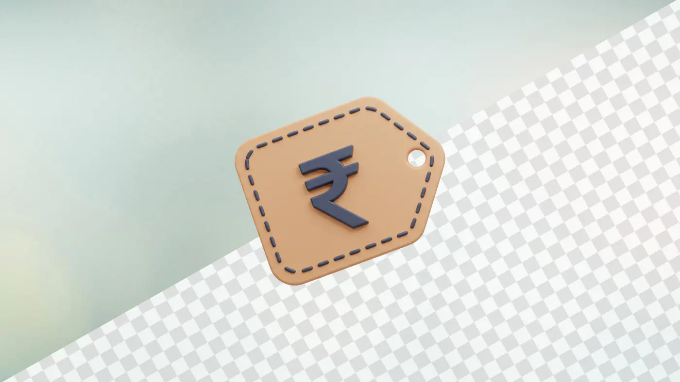 Indian rupee symbol on beige pentagon tag