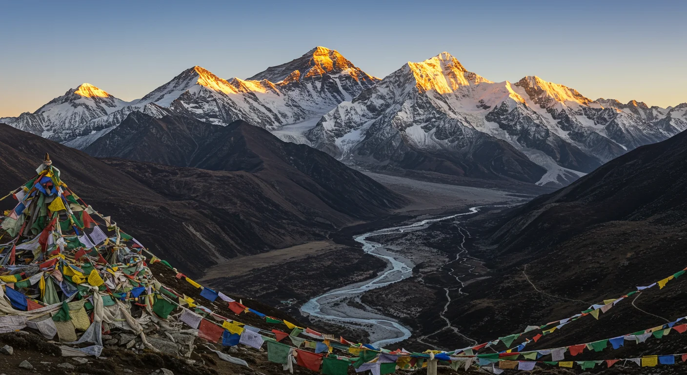 Winding Himalayan River Below Snowy Peaks at Sunrise with Prayer Flags