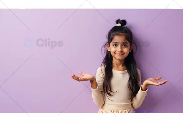 Young Girl with Shrugging Gesture on Purple Background