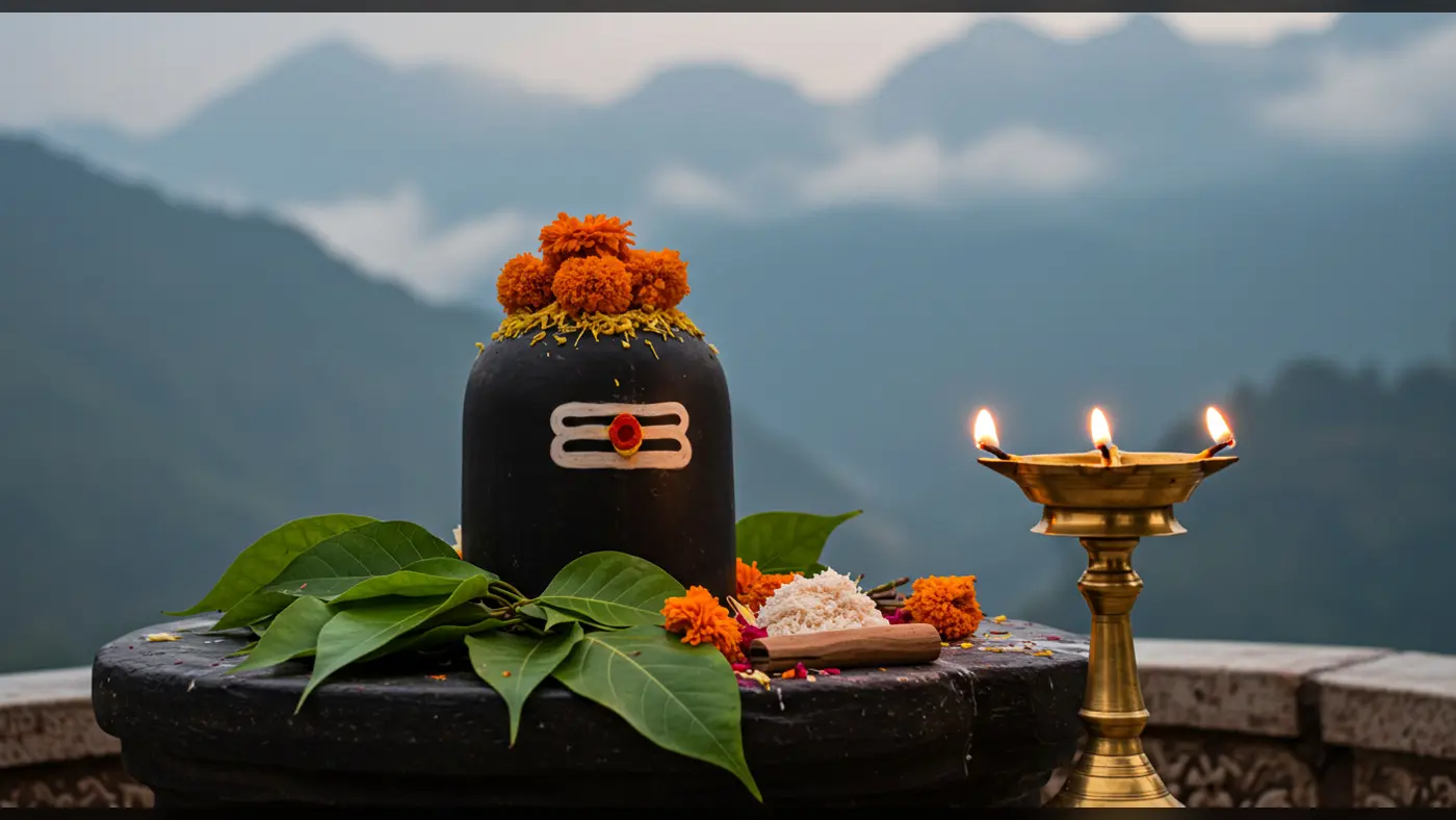 Shiva Lingam Worship with Brass Diya and Misty Mountain View | AIClips Devotional Stock