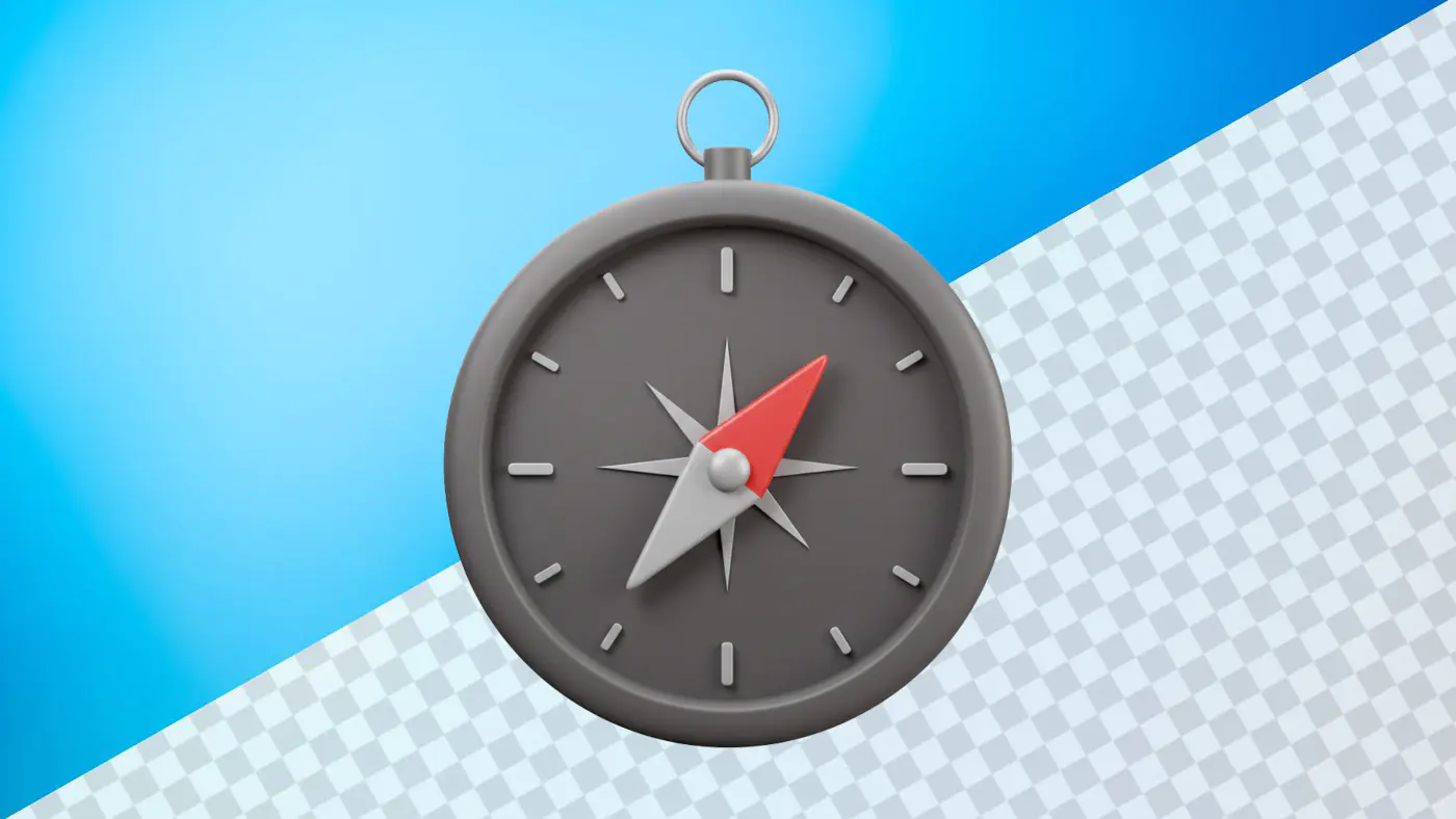 Sleek gray compass with red arrow on blue background