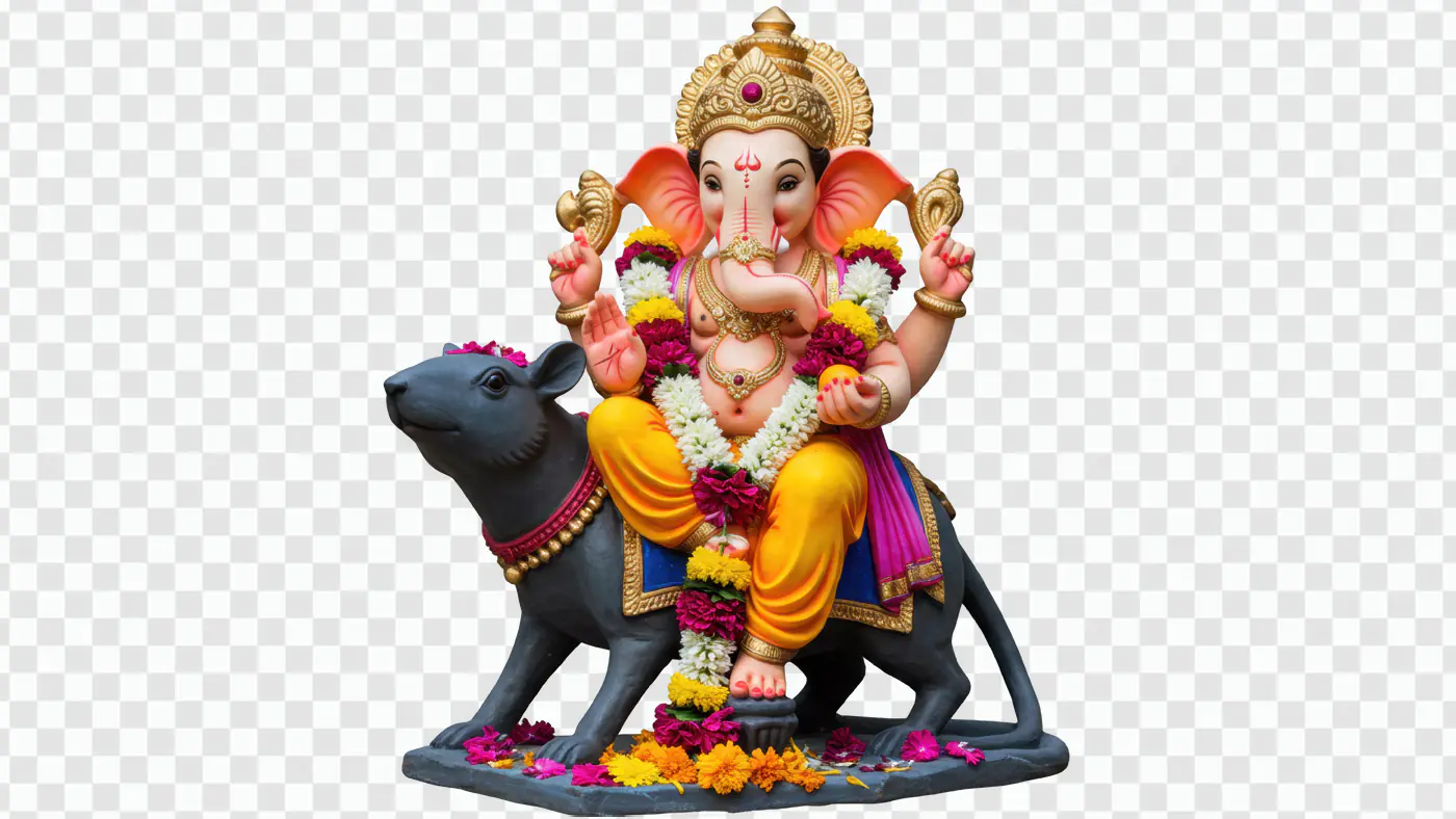 Ganesha Riding Colorful Mouse Deity Statue PNG