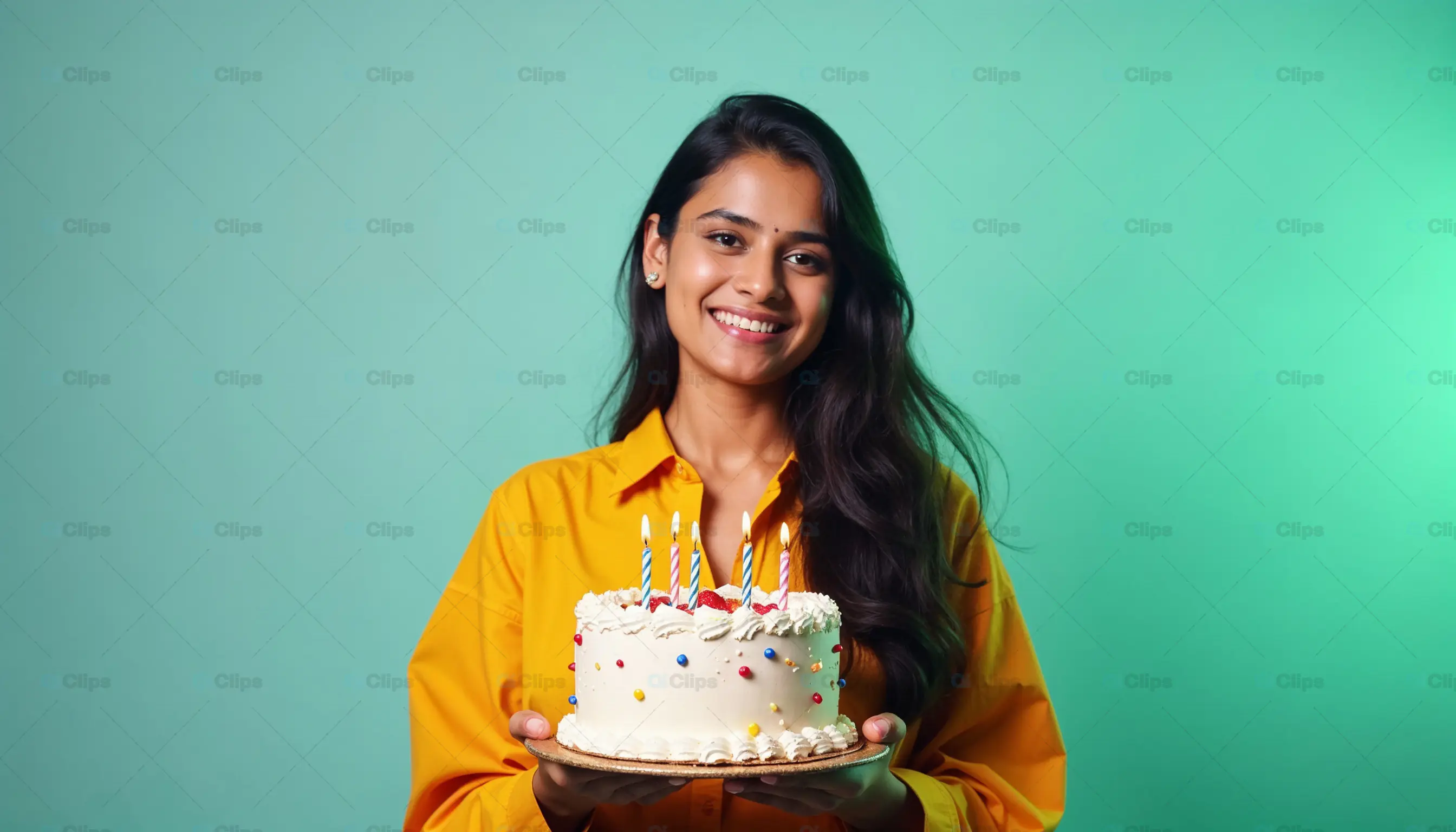 Smiling Woman Holding Birthday Cake with Candles