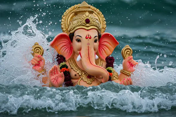 Ganesha Idol Amidst Crashing Waves