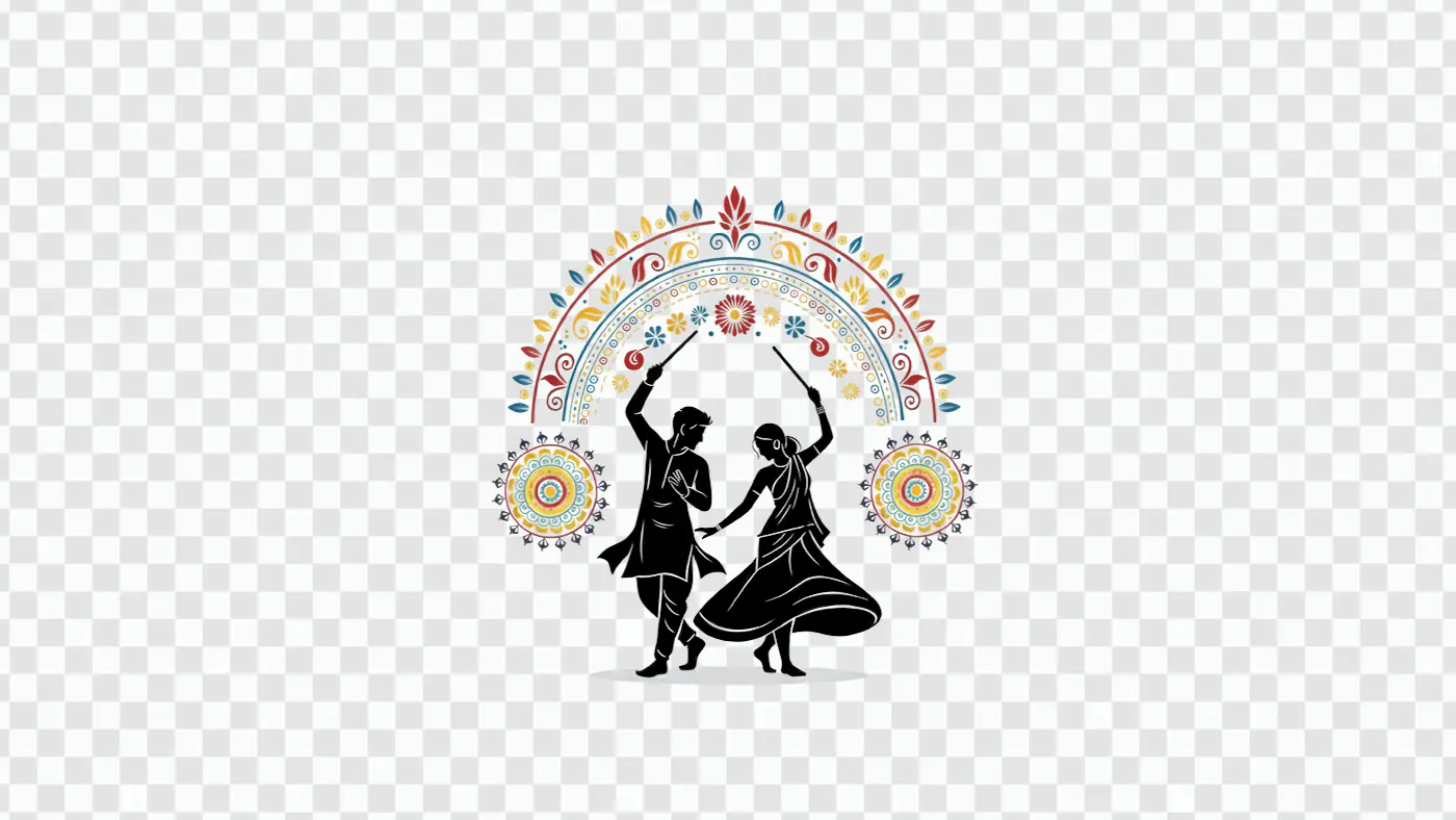 Vibrant Dandiya Dancers with Ornate Floral Arch PNG