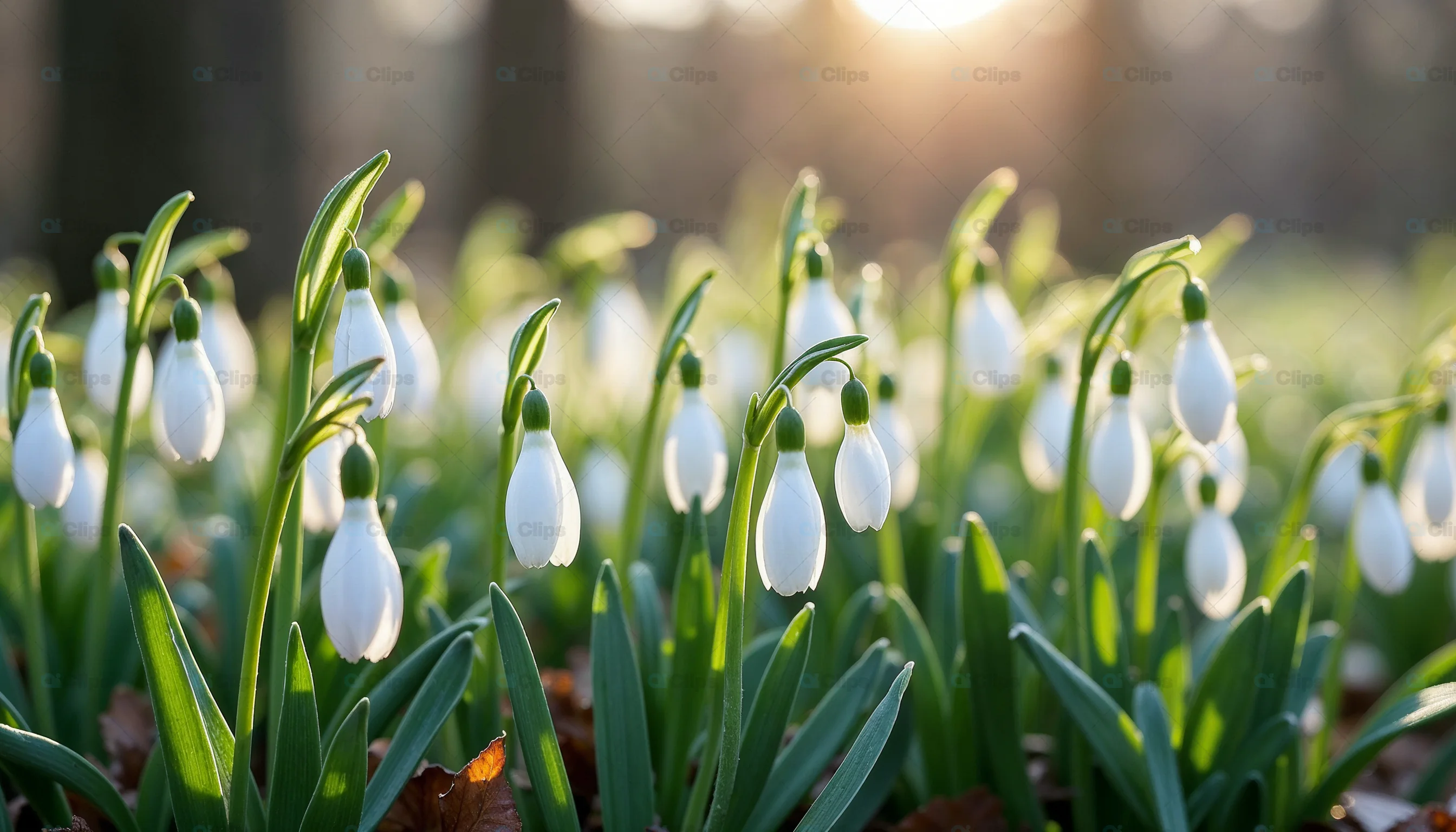 Blooming Snowdrops in Early Spring Forest