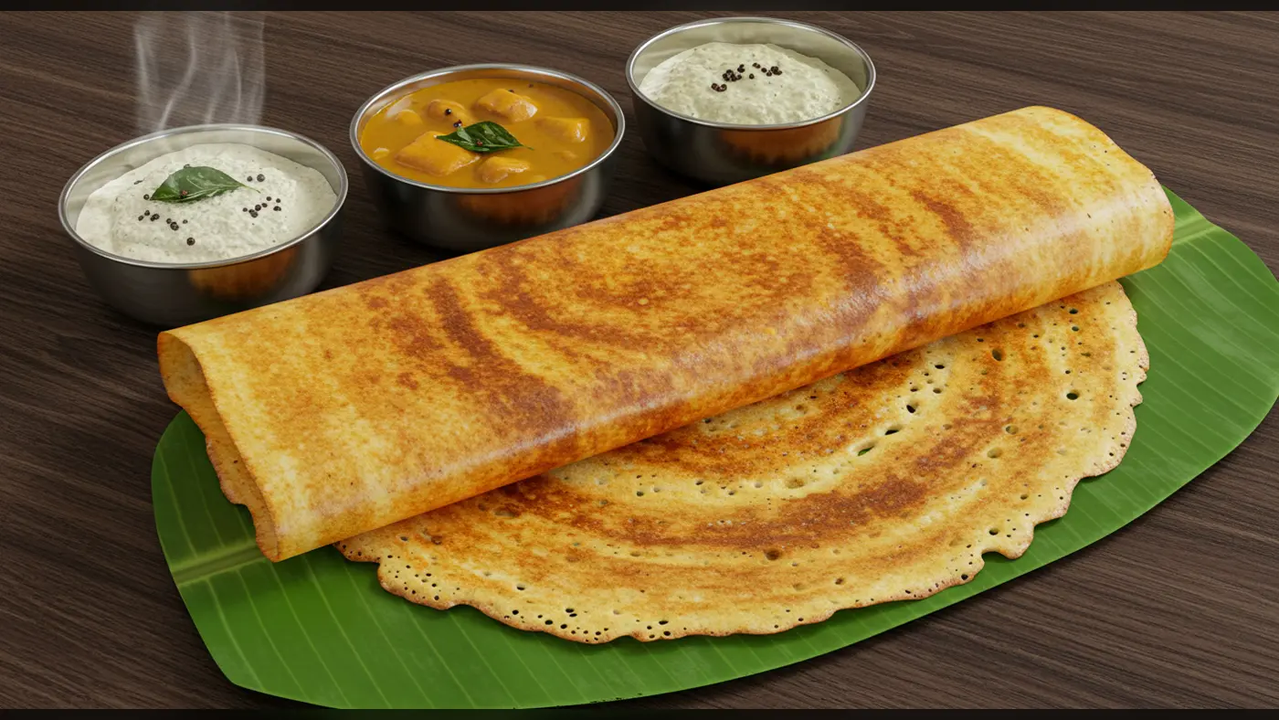 Plain Dosa with Chutney and Sambar on Banana Leaf | AIClips