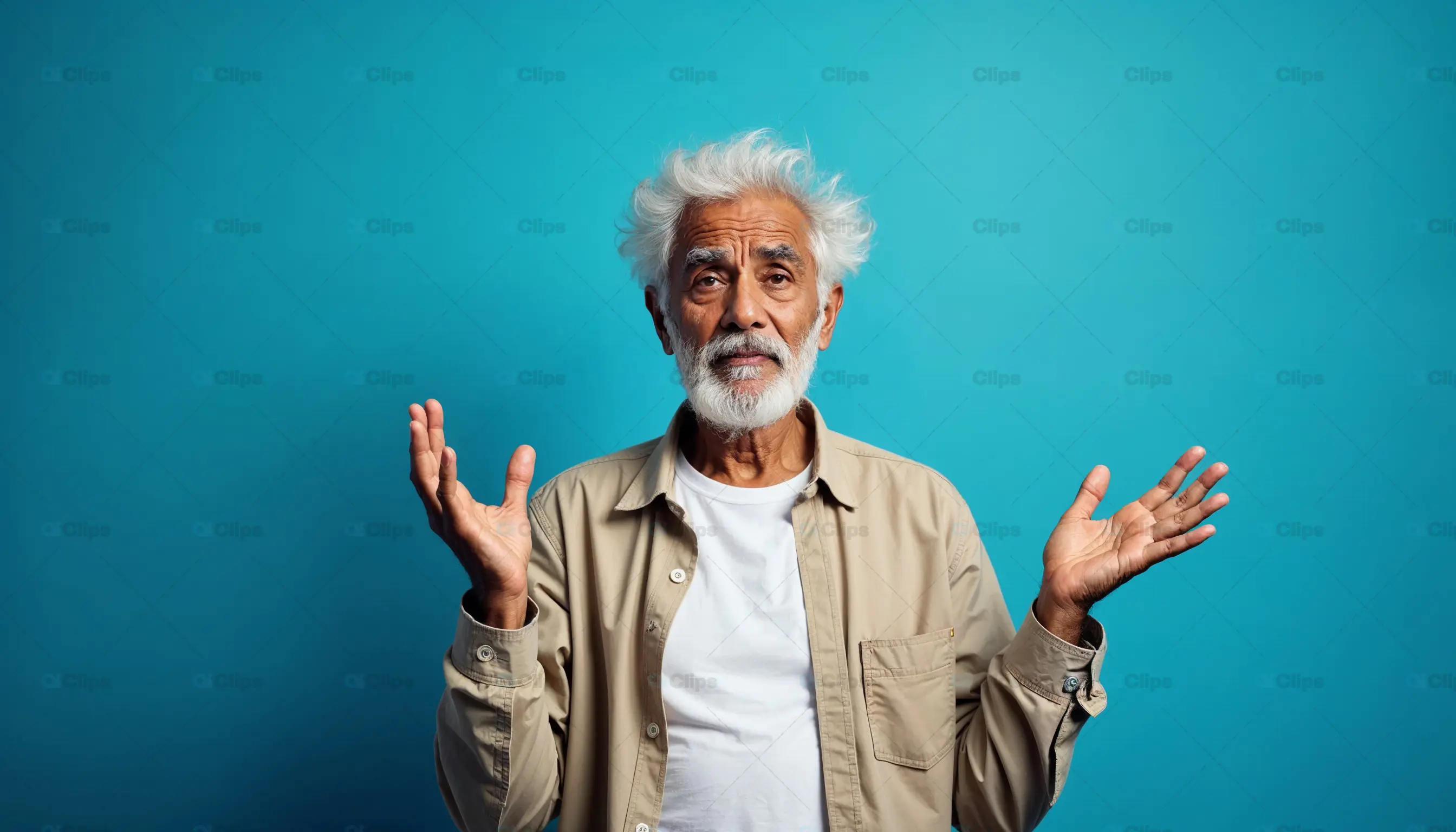 Confused Elderly Man with Hands Raised