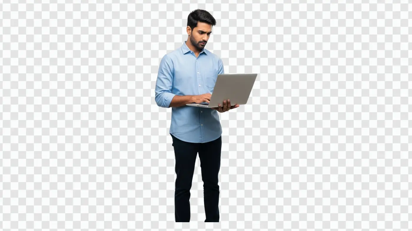 Concentrated Indian Man Standing with Laptop PNG Clipart