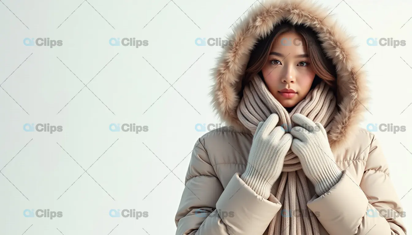 Winter Fashion: Woman in Warm Fur-Lined Hood and Scarf