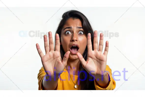 Woman with Hands Raised in Fear