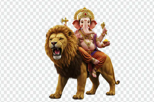 Ganesha Riding Majestic Lion Deity PNG Clipart
