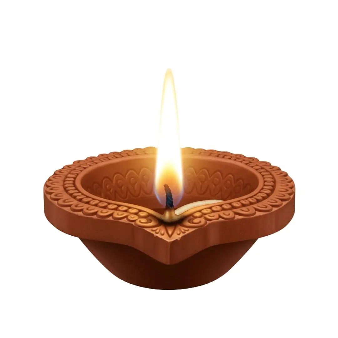 Ornate Clay Diya with Burning Flame PNG