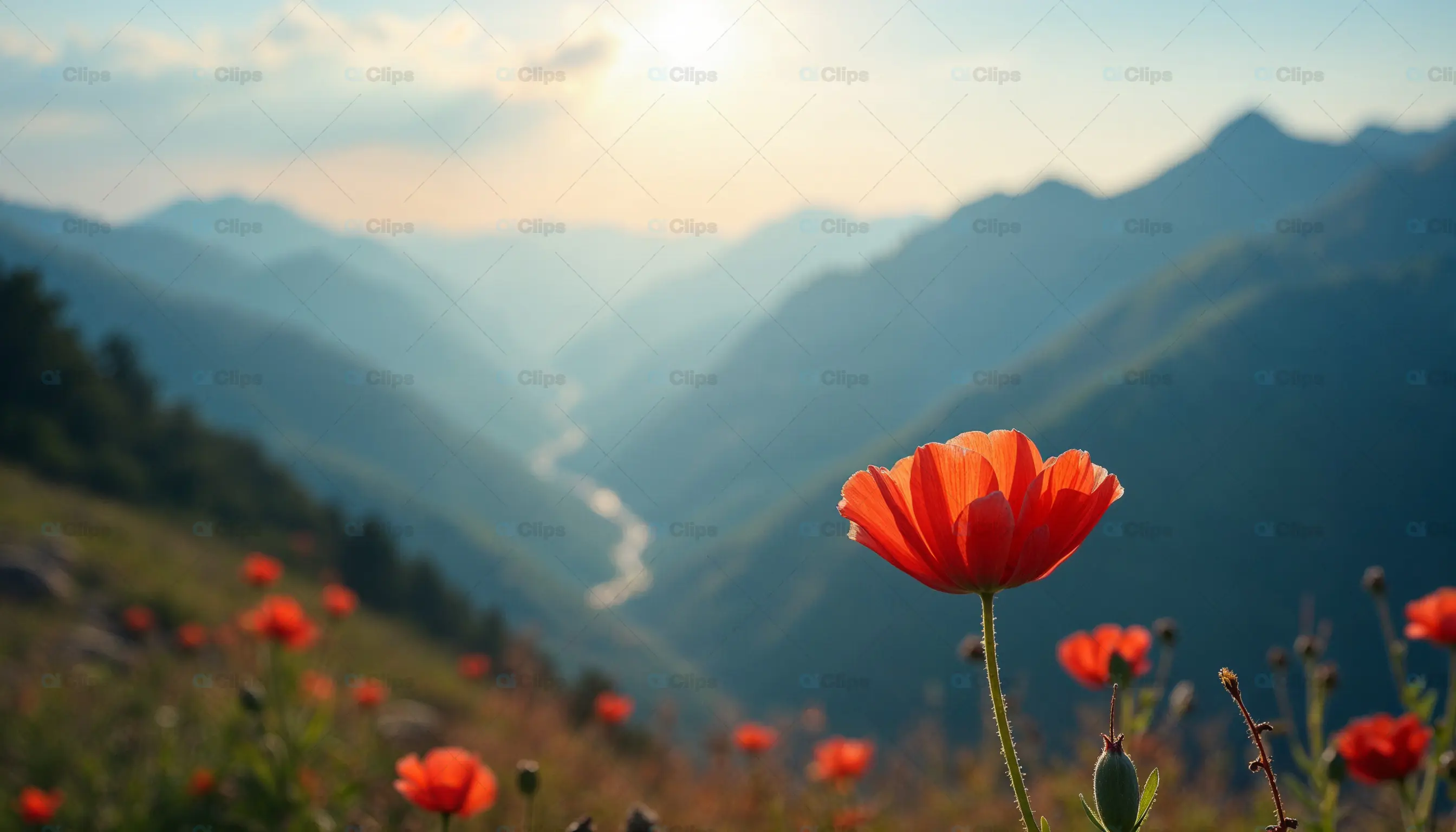Red Poppy in Mountain Landscape