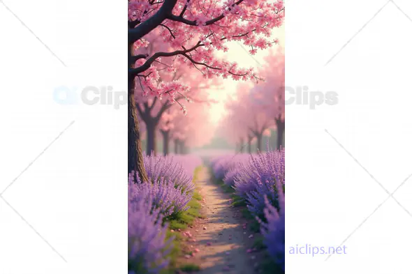 Dreamy Path Through Blossoming Cherry Trees and Lavender Fields
