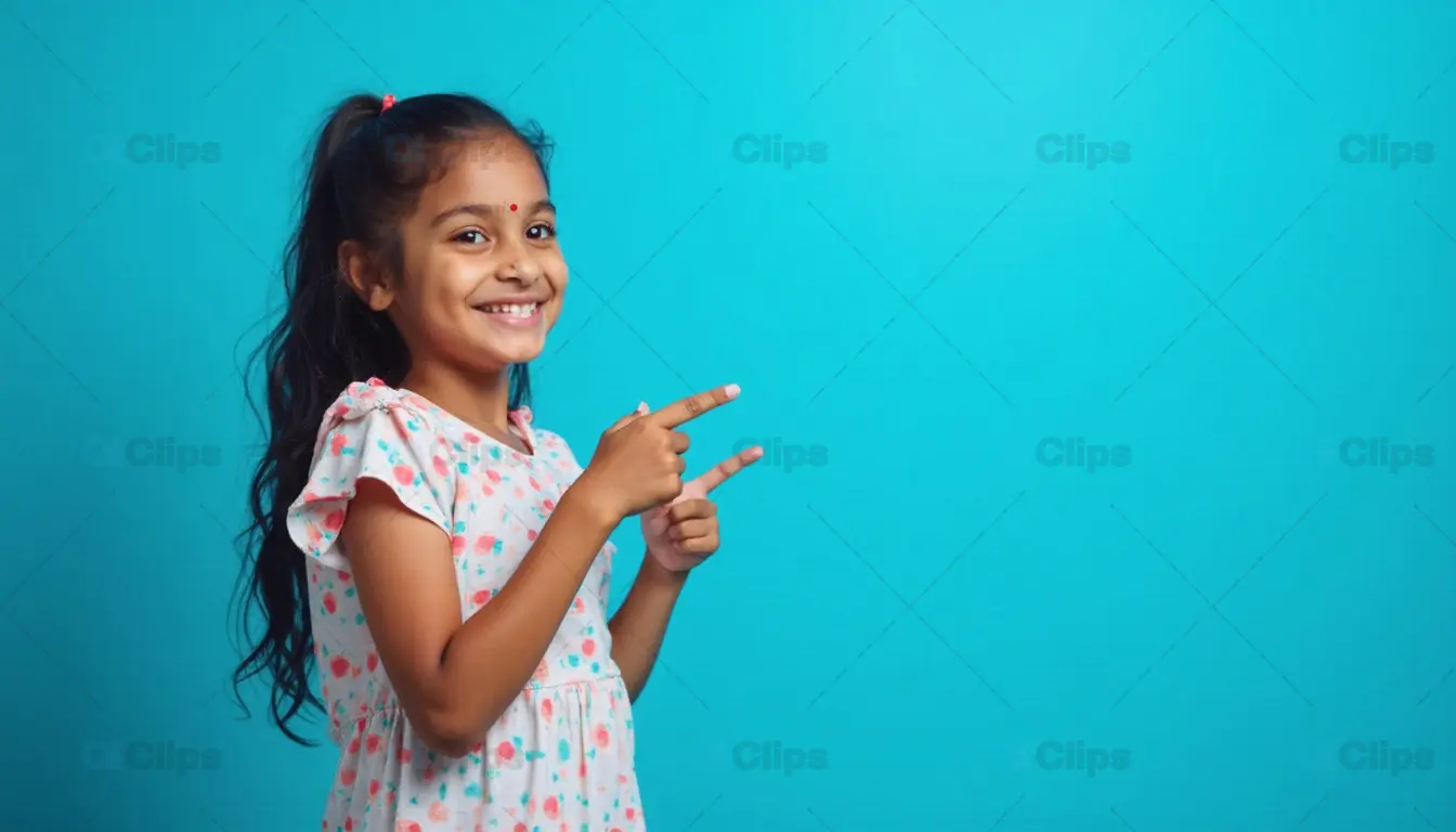 Smiling Girl Pointing with Double Finger Gesture on Blue Background