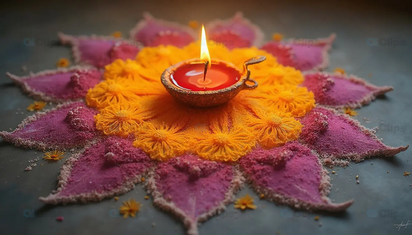 Diya with Floral Rangoli Design for Diwali