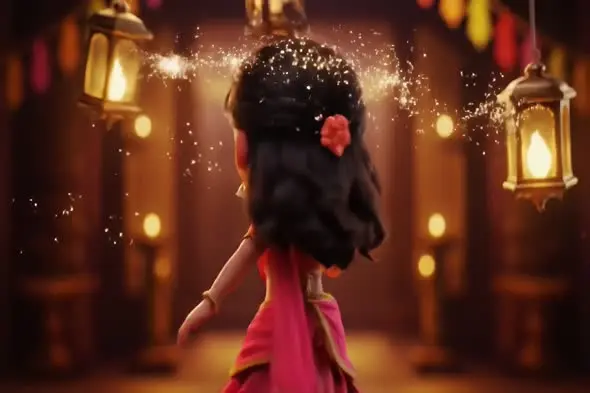Magical Dancing Figure in Traditional Attire with Glowing Lanterns