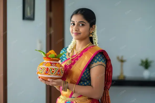 Graceful Indian Woman with Festive Offering