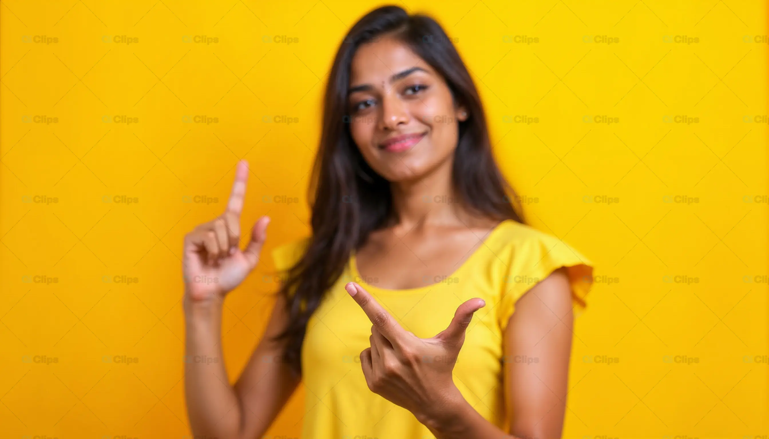 Smiling Woman Pointing with Both Hands