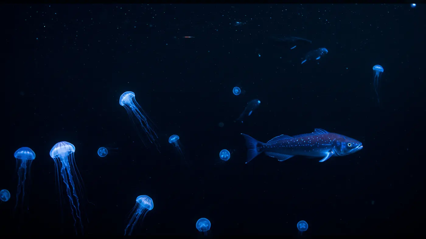 Bioluminescent Jellyfish and Glowing Fish in the Abyss