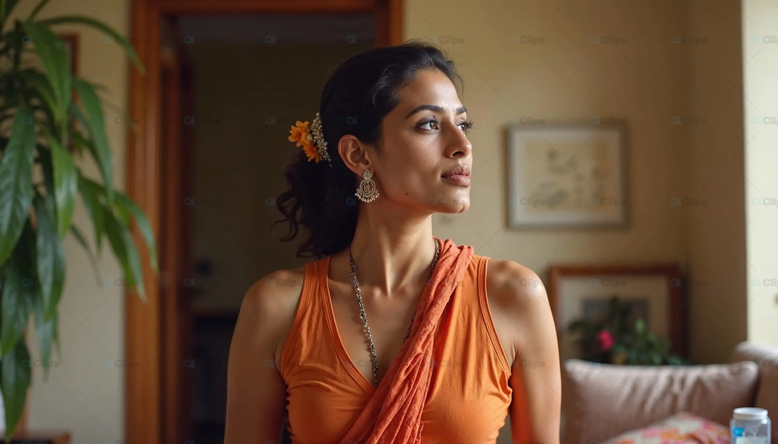 Elegant Woman in Traditional Attire at Home