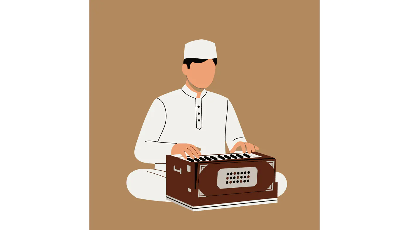 Harmonium Player in Traditional Attire