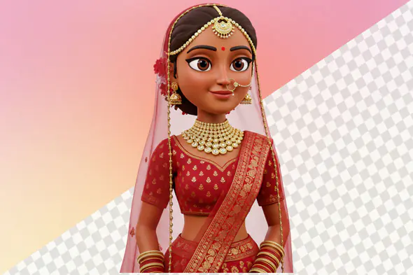 Smiling Indian bride 3D avatar red lehenga gold