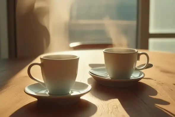 Steaming Coffee Cups Bathed in Warm Morning Light