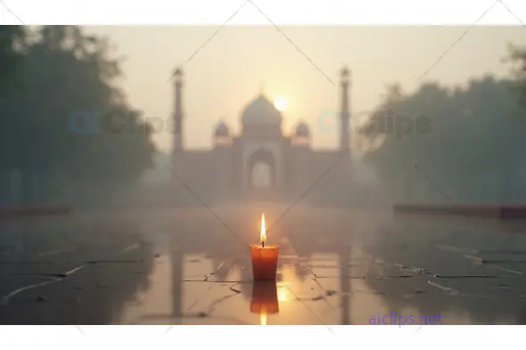 Single Candle Illuminating Path to Taj Mahal at Sunrise