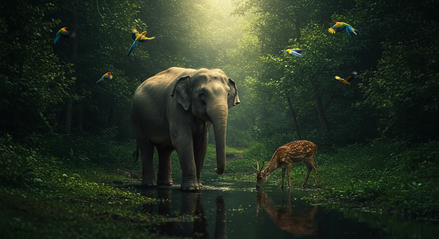 Elephant, Deer, and Parrots in a Lush Jungle Clearing