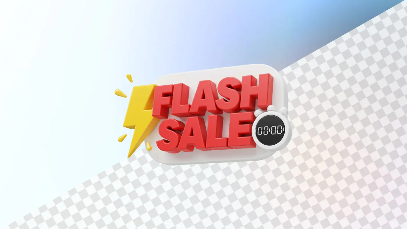 Flash sale lightning bolt text with timer icon