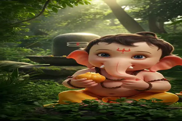 Adorable Baby Ganesha Enjoying Mango in Lush Forest