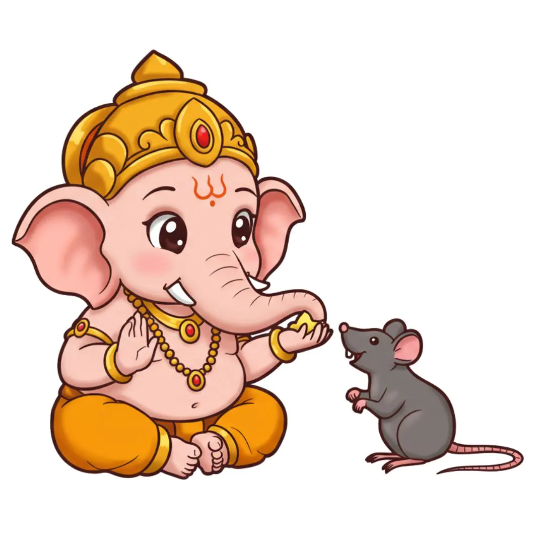 Cute Baby Ganesha Offering Laddu to Mouse PNG