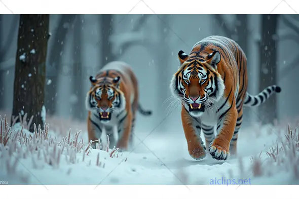 Bengal Tigers Stalking Through Snowy Forest