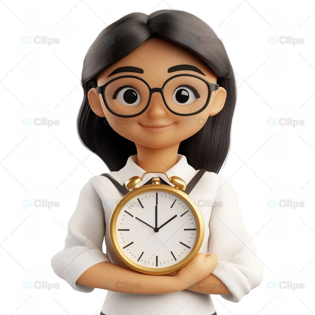 3D Girl Avatar Holding Clock