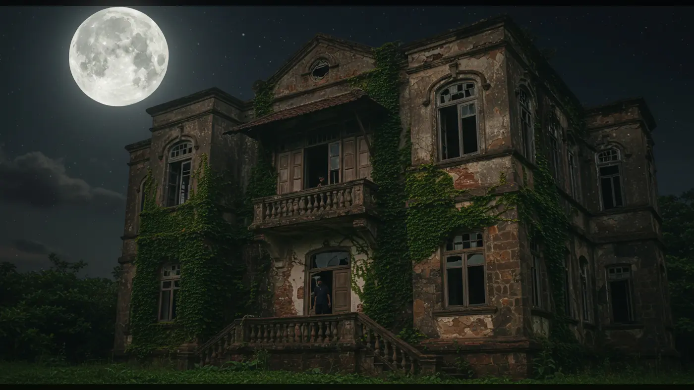 Full Moon Overgrown Mansion with Two Mysterious Figures at Night