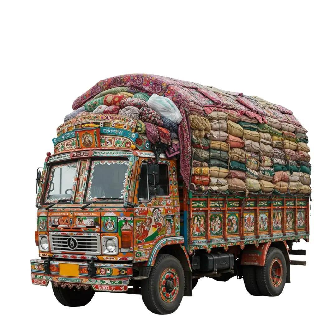 Colorful Decorated Indian Truck Loaded with Cargo PNG