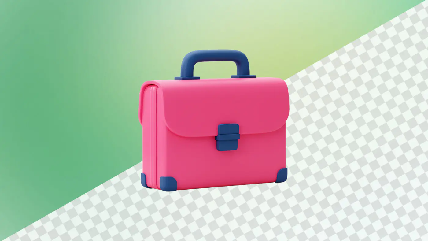 Pink briefcase with blue handle and accents