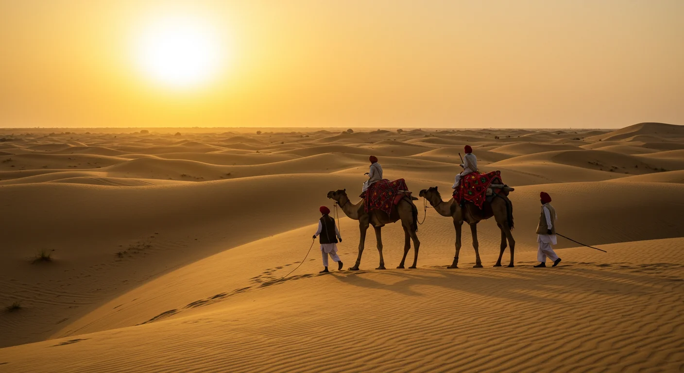 Men and Camels in the Thar Desert Under a Golden Sunset